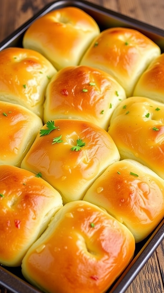 Garlic Hawaiian Roll Bread A tray of golden brown garlic Hawaiian rolls topped with parsley, on a rustic wooden table.